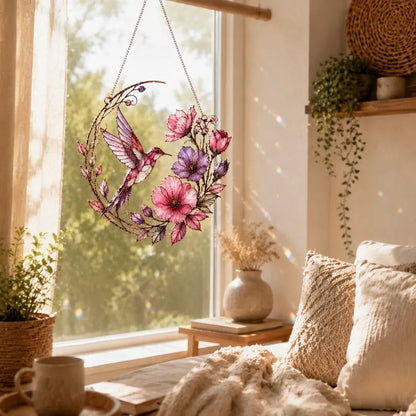 Hummingbird Floral Stained Glass Style Acrylic Suncatcher Window Hanging Ornament