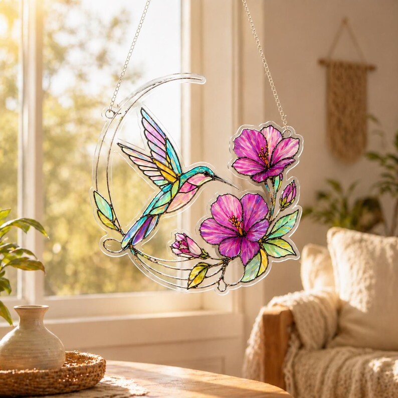 Hummingbird Floral Stained Glass Style Acrylic Suncatcher Window Hanging Ornament