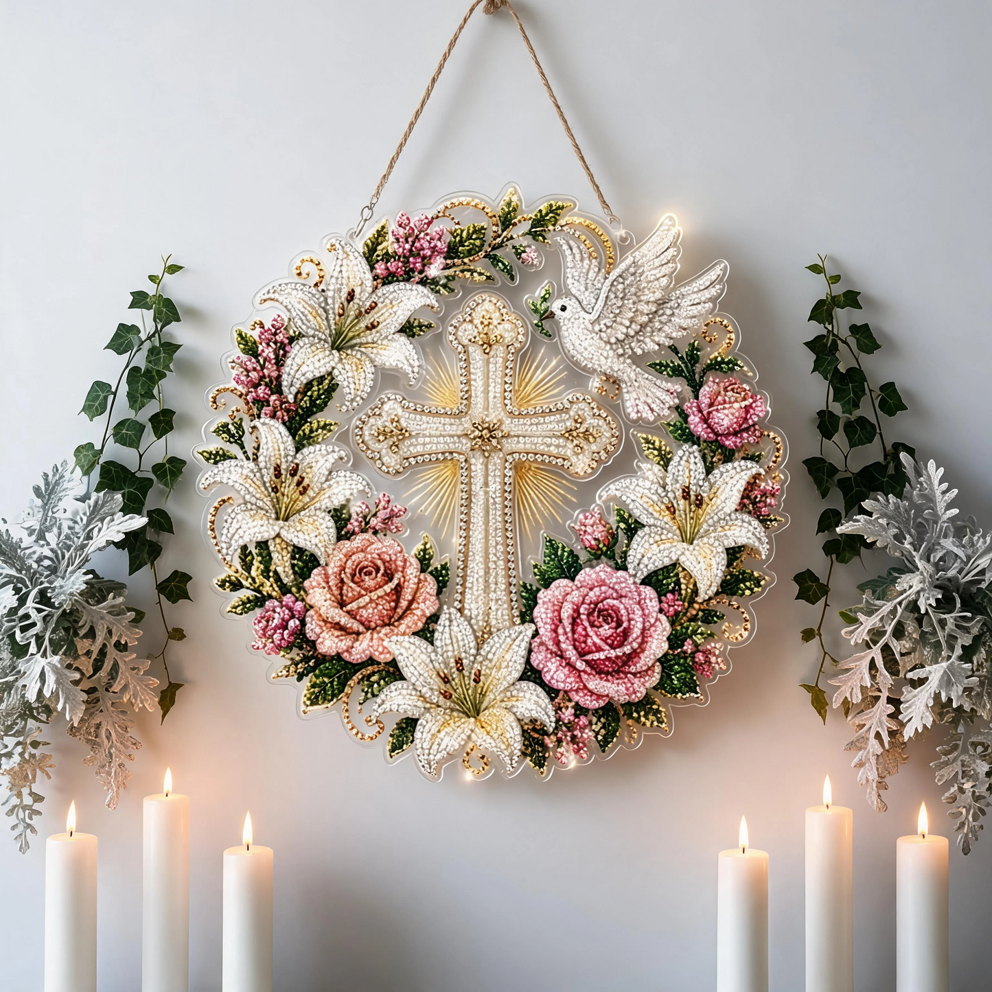 ✝️💐Cross, Flowers & Peace Dove Diamond Art Hanging Ornament Kit