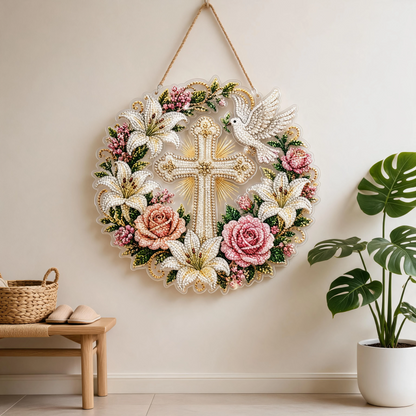 ✝️💐Cross, Flowers & Peace Dove Diamond Art Hanging Ornament Kit