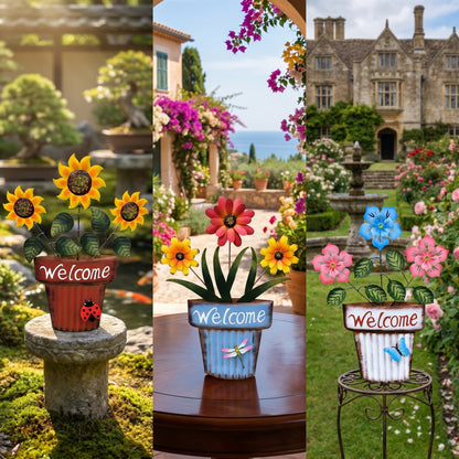 🔥Summer Hot Sale🌻Welcome Flower Pot Metal Garden Decor, Hangable & Stakeable Yard Art