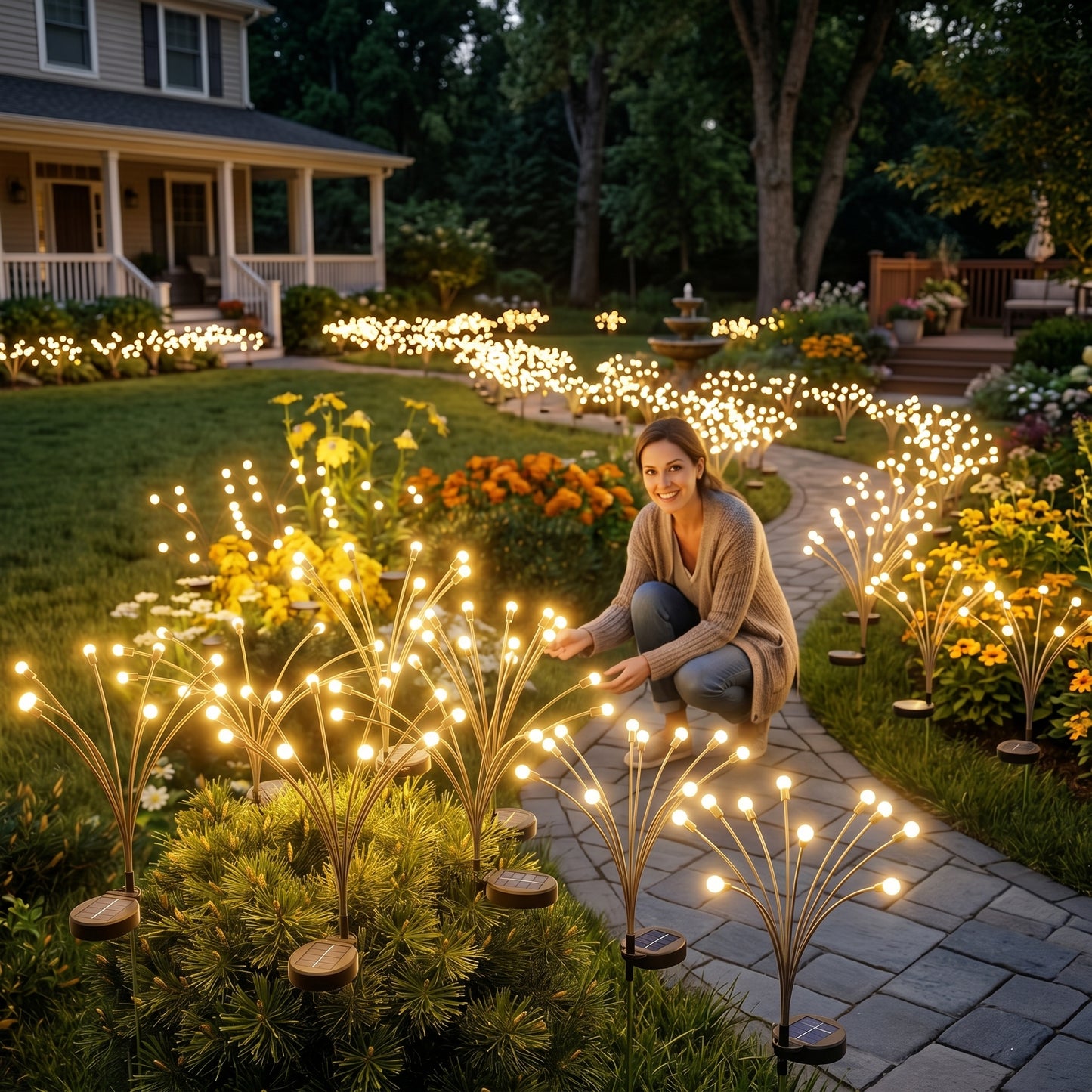 Solar Firefly Garden Lights, Waterproof Outdoor Swaying Stake Lights with 4 Modes (Warm White/Multi‑Color, Steady/Flashing) for Yard, Patio & Landscape