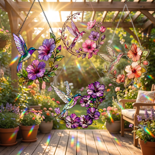 Hummingbird Floral Stained Glass Style Acrylic Suncatcher Window Hanging Ornament