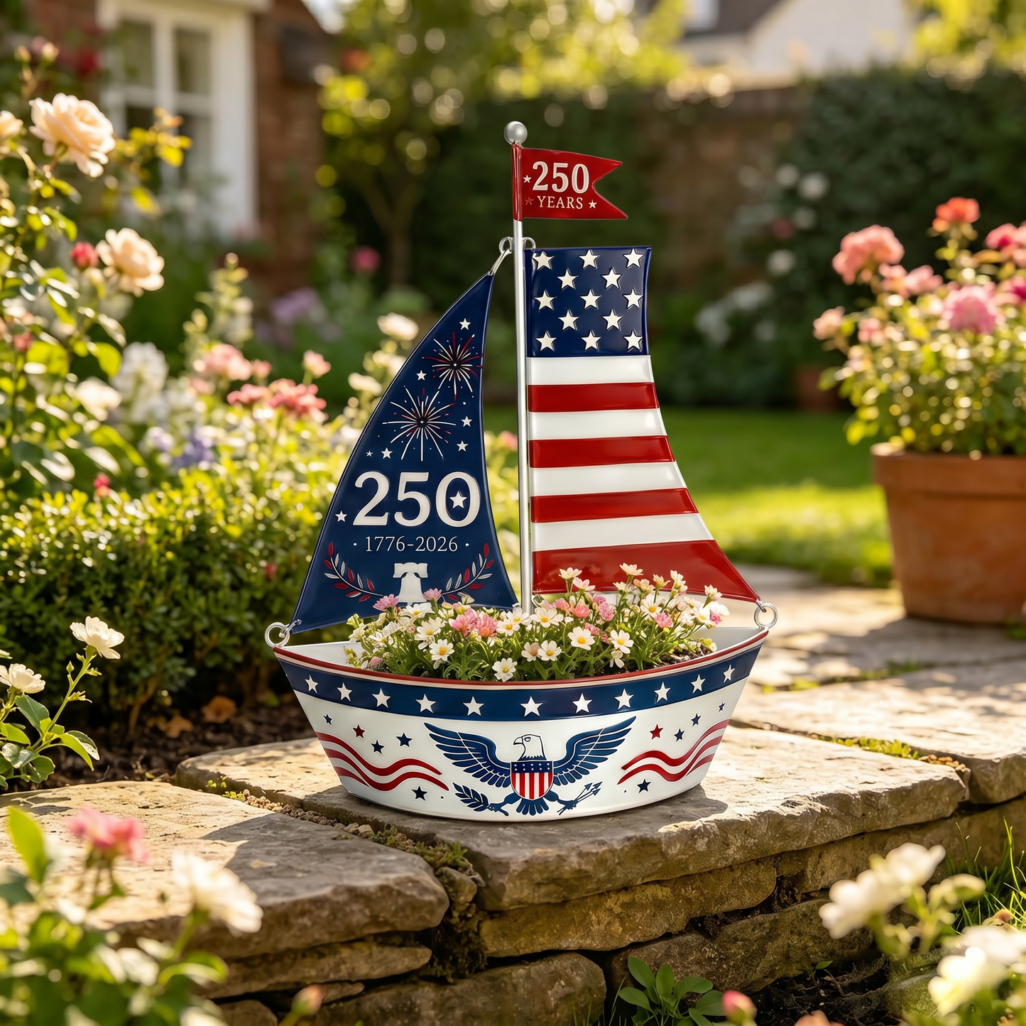 America 250 Years Patriotic Sailboat Metal Planter, Outdoor Garden & Wall Patriotic Decor
