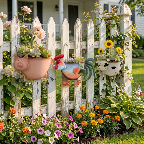 Farm Animal Metal Wall Planter, Cow Pig Rooster Shaped Hanging Flower Pot